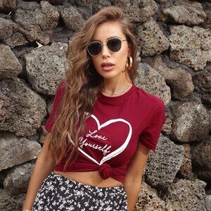 Round neck short sleeve women's printed Valentine's Day casual T-shirt